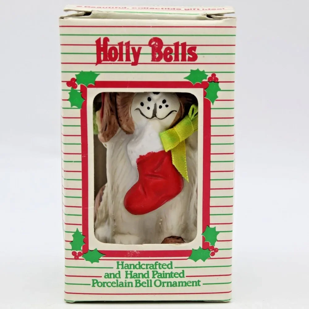 Holly Bells Porcelain Puppy Dog Bell Ornament Vintage 1986 Original Box b